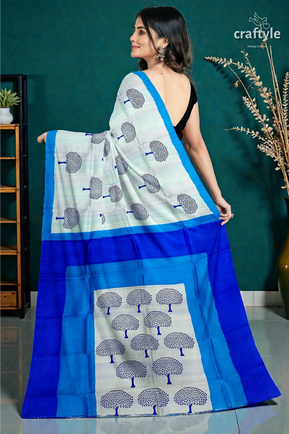 Azure blue mulberry pure silk saree with hand block print - elegant and ethereal 5