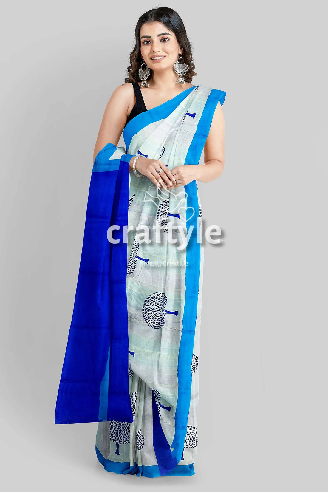 Azure blue mulberry pure silk saree with hand block print - elegant and ethereal woman white blue saree 1
