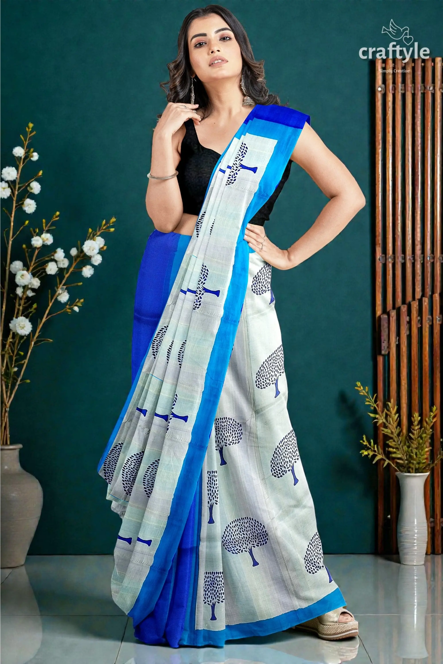 Azure blue mulberry pure silk saree with hand block print - elegant and ethereal 2
