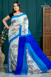 Azure blue mulberry pure silk saree with hand block print - elegant and ethereal 3