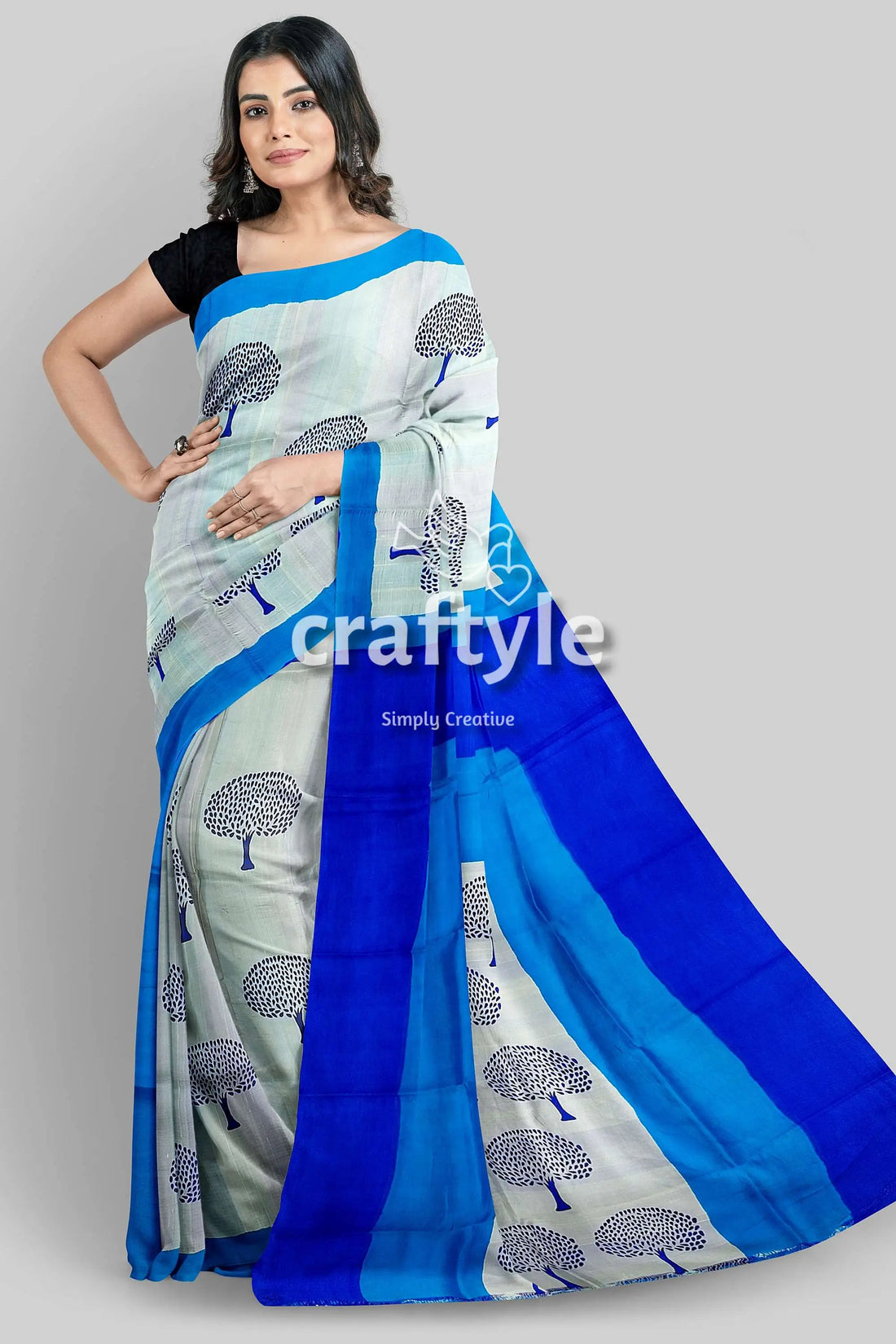 Azure blue mulberry pure silk saree with hand block print - elegant and ethereal woman tree-patterned saree 2