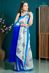 Azure blue mulberry pure silk saree with hand block print - elegant and ethereal 4
