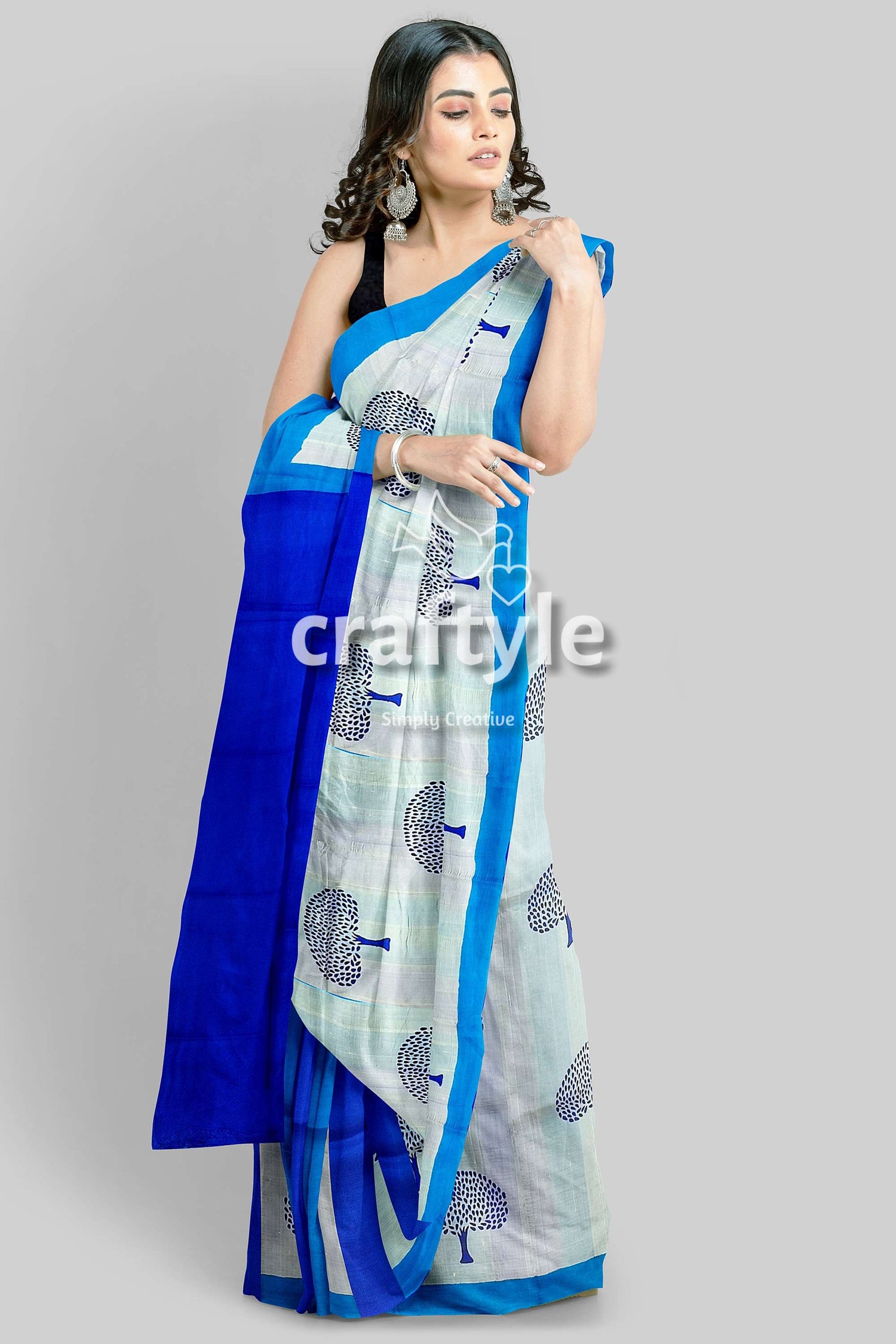 Azure Blue Mulberry Pure Silk Saree with Hand Block Print - Elegant and Ethereal - Craftyle