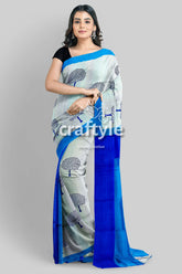 Azure Blue Mulberry Pure Silk Saree with Hand Block Print - Elegant and Ethereal - Craftyle
