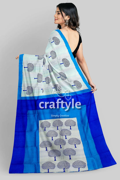 Azure Blue Mulberry Pure Silk Saree with Hand Block Print - Elegant and Ethereal - Craftyle