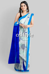 Azure Blue Mulberry Pure Silk Saree with Hand Block Print - Elegant and Ethereal - Craftyle