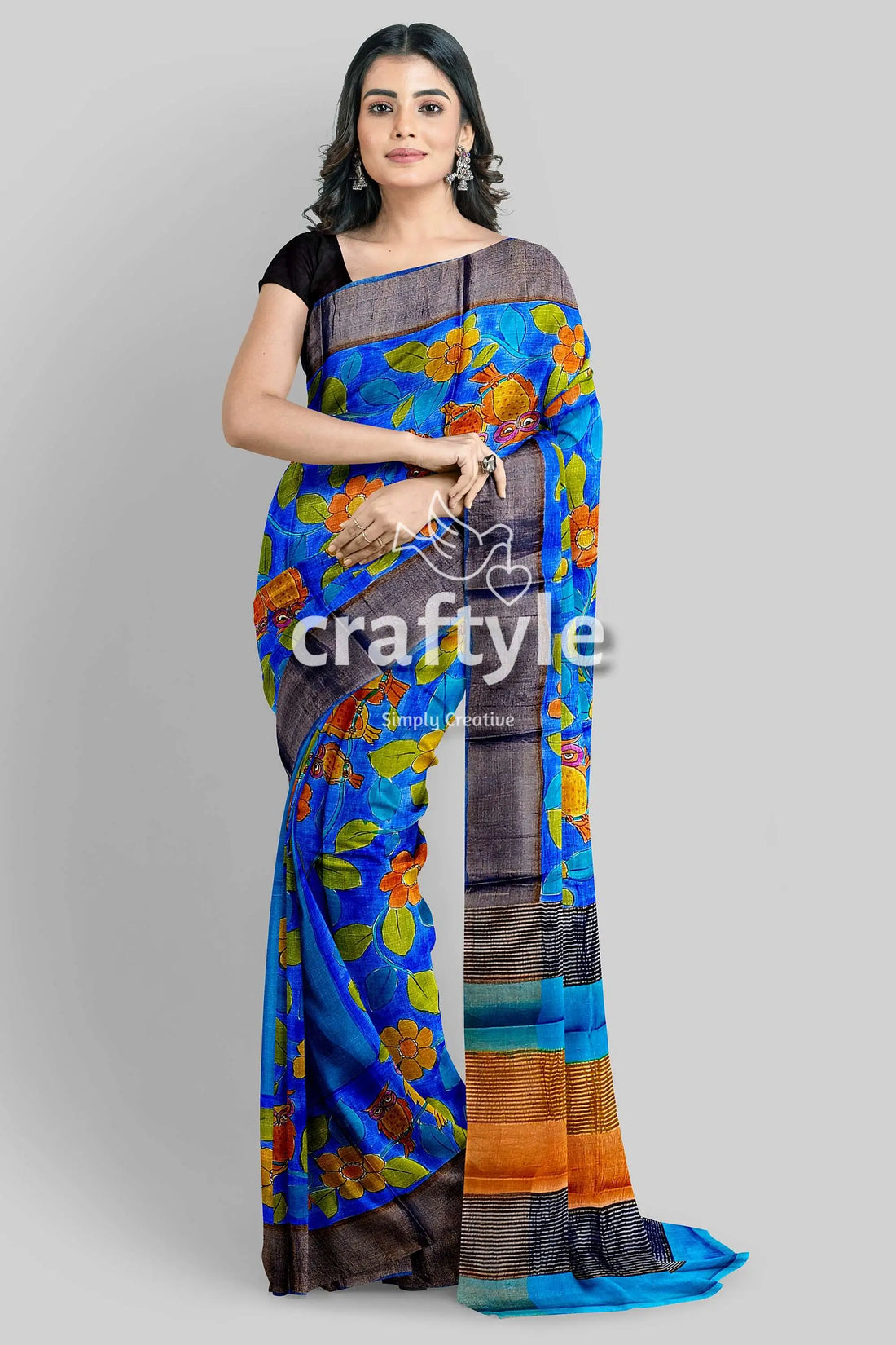 Azure blue pure tussar kalamkari saree - hand painted with zari border blue floral saree gray border 2