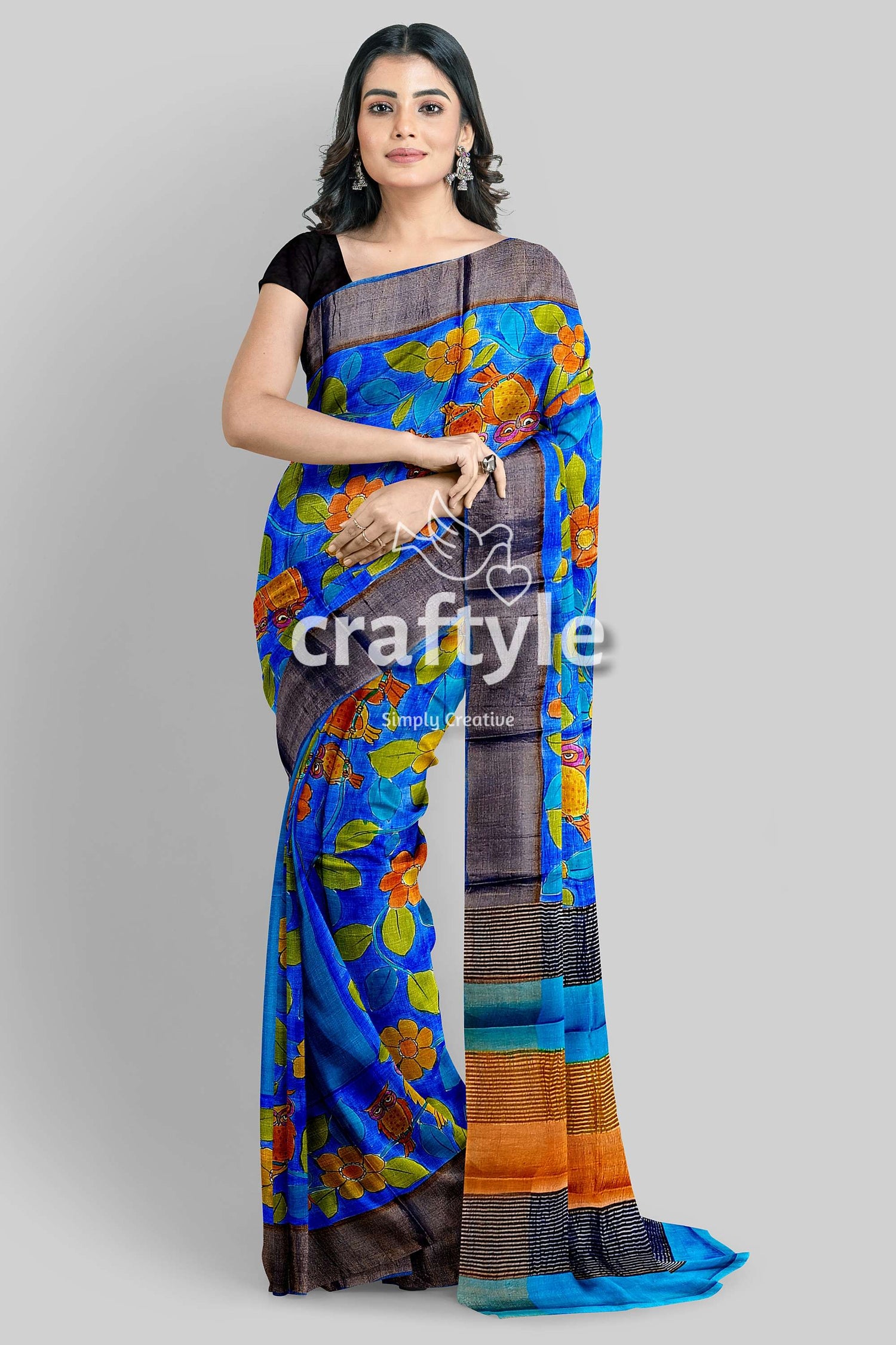 Azure Blue Pure Tussar Kalamkari Saree - Hand Painted with Zari Border - Craftyle