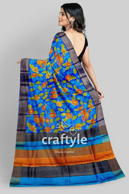 Azure Blue Pure Tussar Kalamkari Saree - Hand Painted with Zari Border - Craftyle