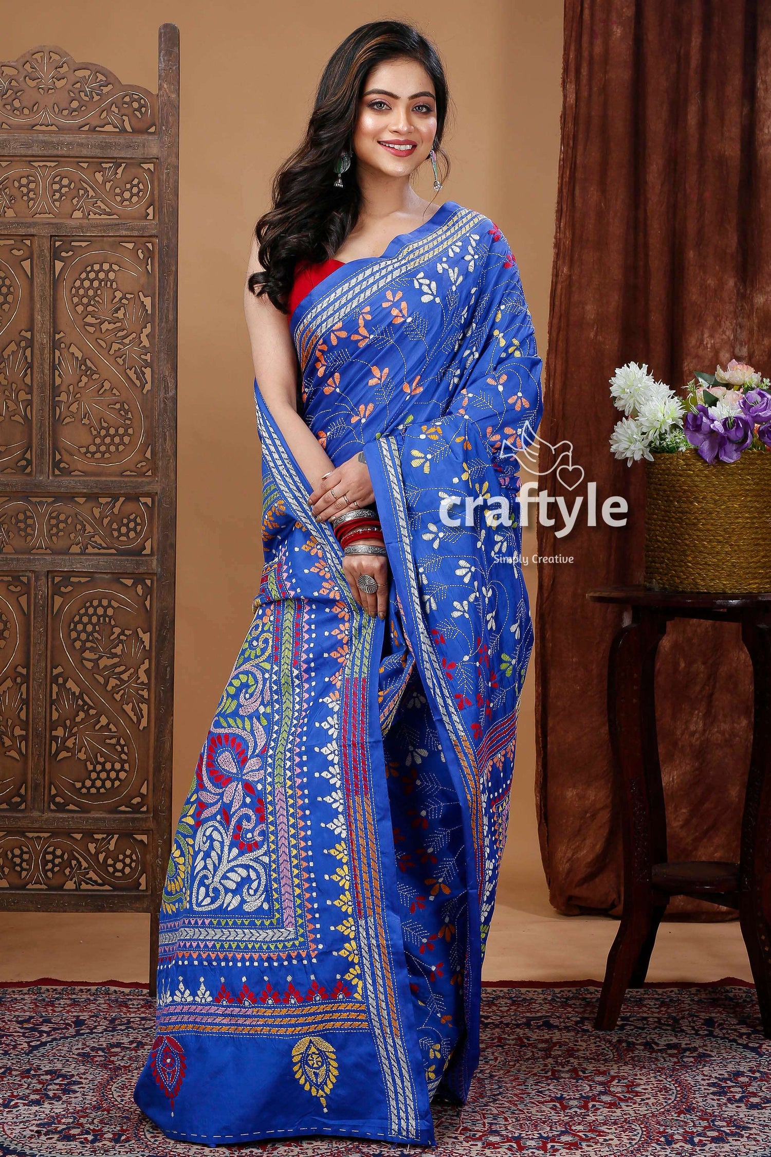 Azure Blue Silk Kantha Work Saree - Handcrafted Elegance for Special Occasions-Craftyle