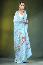 Baby blue nature motif handcrafted silk kantha work saree light intricate floral 4