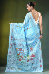 Baby blue nature motif handcrafted silk kantha work saree light intricate 5