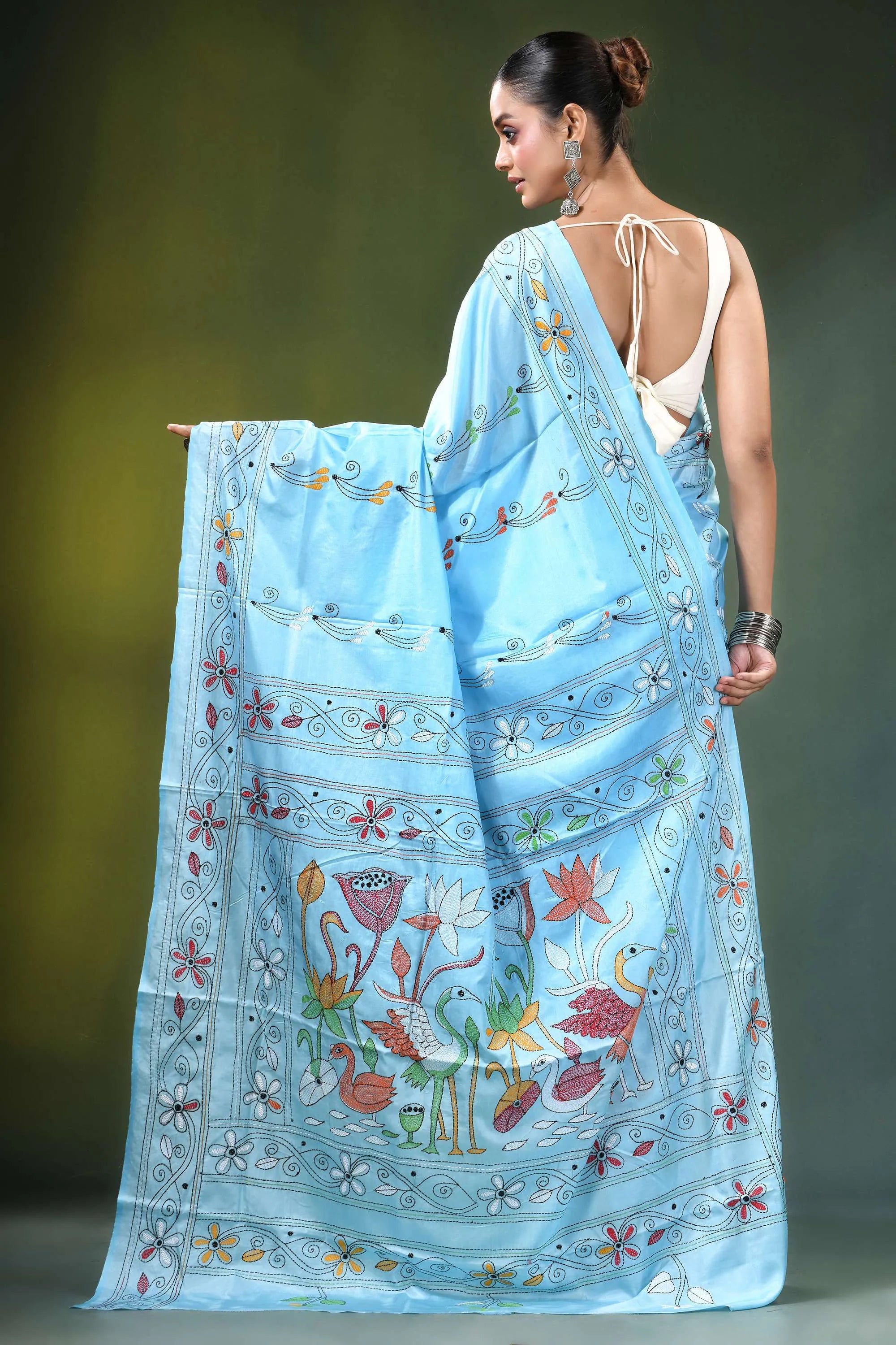 Baby blue nature motif handcrafted silk kantha work saree light intricate 5