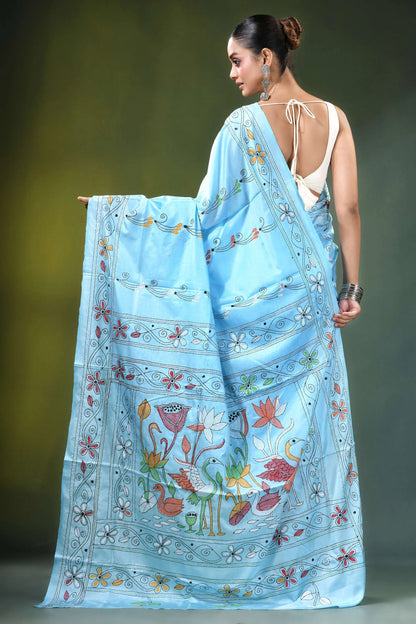 Baby blue nature motif handcrafted silk kantha work saree light intricate 5