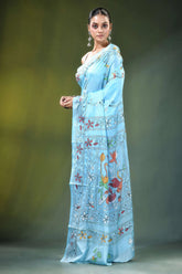 Baby blue nature motif handcrafted silk kantha work saree light adorned colorful 3