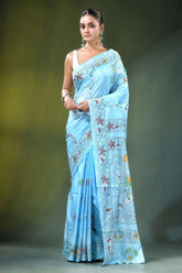 Baby blue nature motif handcrafted silk kantha work saree light hand-embroidered intricate 1