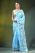 Baby blue nature motif handcrafted silk kantha work saree light hand-embroidered intricate 1