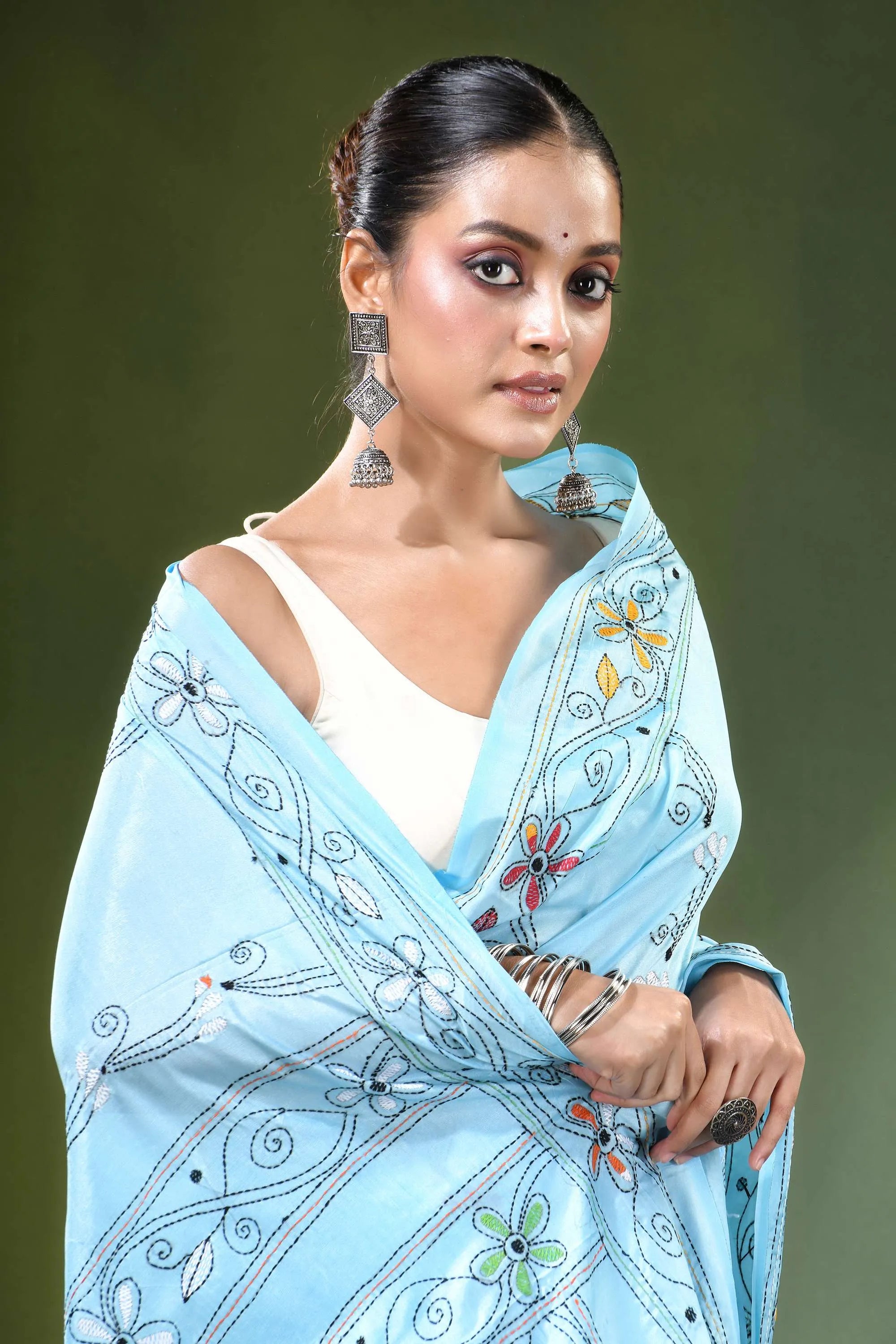 Baby blue nature motif handcrafted silk kantha work saree light intricate floral 2