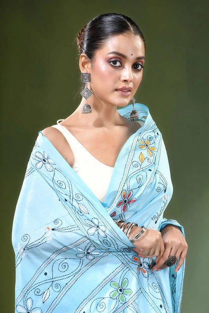 Baby blue nature motif handcrafted silk kantha work saree light intricate floral 2