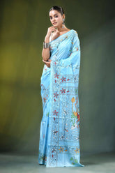 Baby blue nature motif handcrafted silk kantha work saree light adorned 6