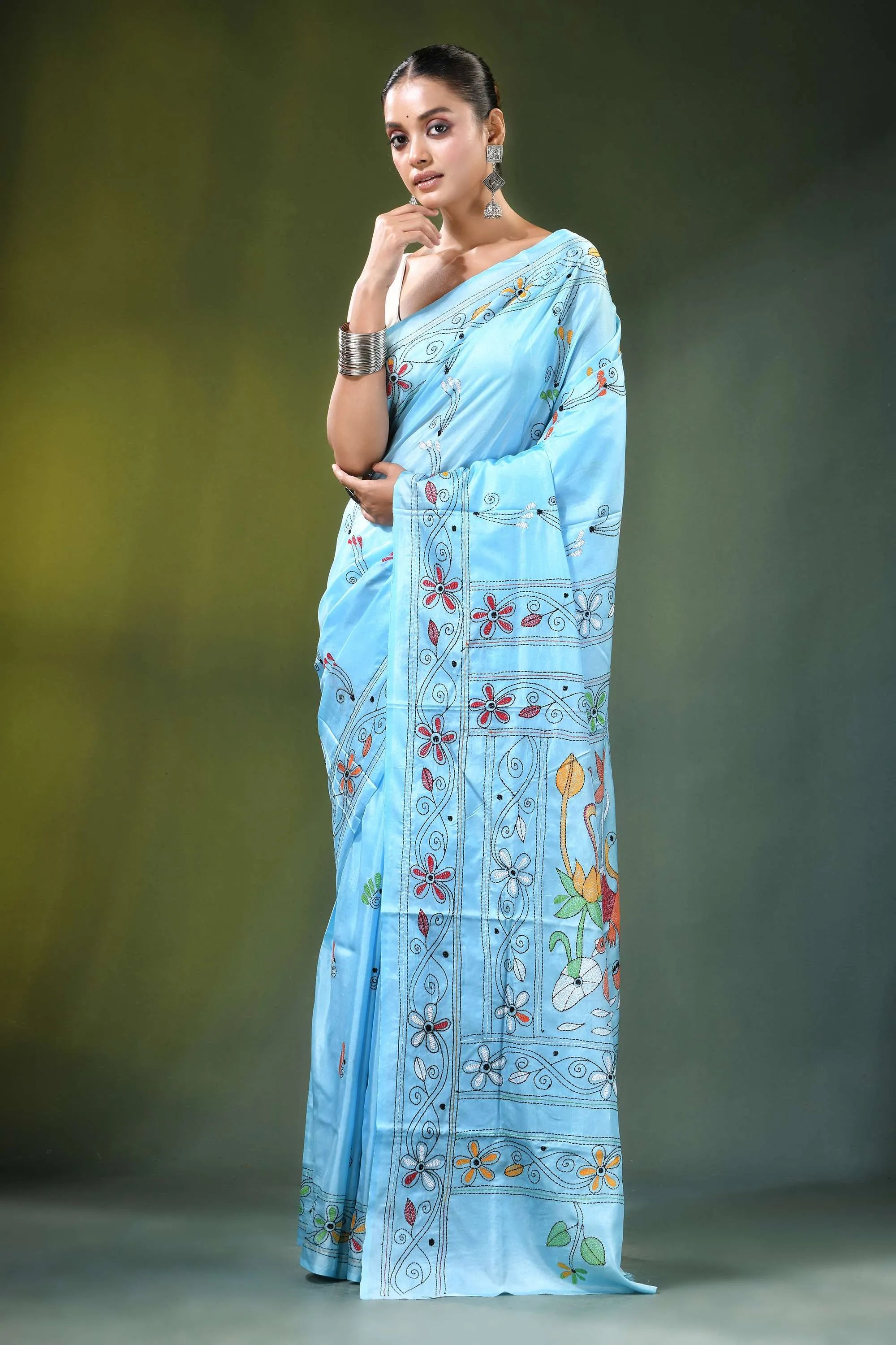 Baby blue nature motif handcrafted silk kantha work saree light adorned 6