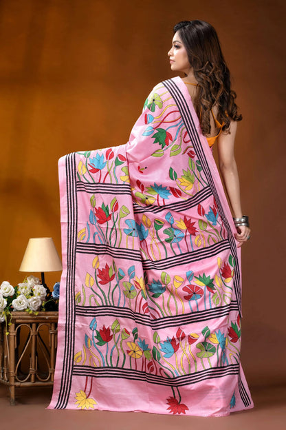 Baby pink lotus floral design handcrafted silk kantha work saree vibrant pink saree adorned colorful 5