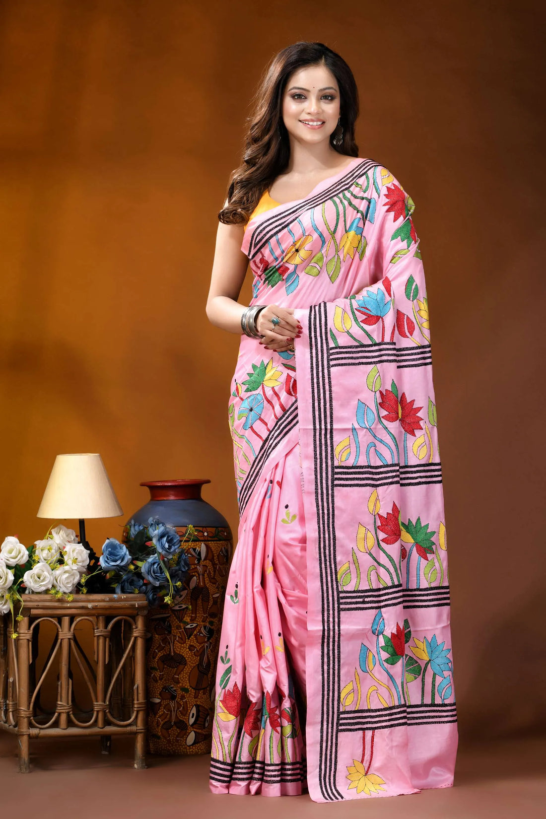 Baby pink lotus floral design handcrafted silk kantha work saree vibrant pink saree adorned colorful 1