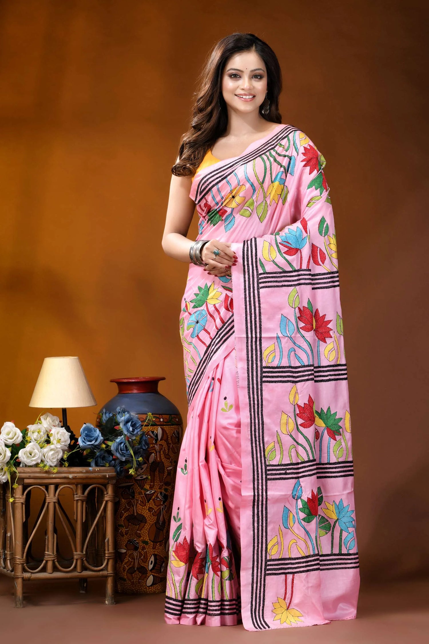 Baby pink lotus floral design handcrafted silk kantha work saree vibrant pink saree adorned colorful 1