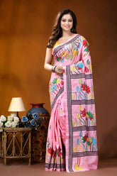 Baby pink lotus floral design handcrafted silk kantha work saree vibrant pink saree adorned colorful 1