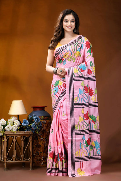 Baby pink lotus floral design handcrafted silk kantha work saree vibrant pink saree adorned colorful 1