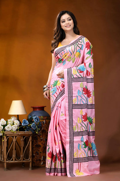 Baby pink lotus floral design handcrafted silk kantha work saree vibrant pink saree adorned colorful 6