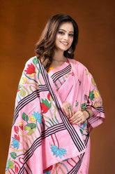 Baby pink lotus floral design handcrafted silk kantha work saree pink saree colorful embroidered lotus 2