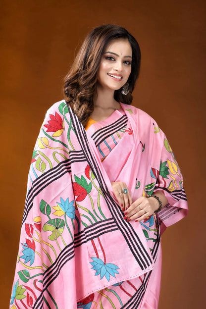 Baby pink lotus floral design handcrafted silk kantha work saree pink saree colorful embroidered lotus 2
