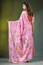 Baby pink paisley motif silk kantha saree - hand embroidered colorful floral 5
