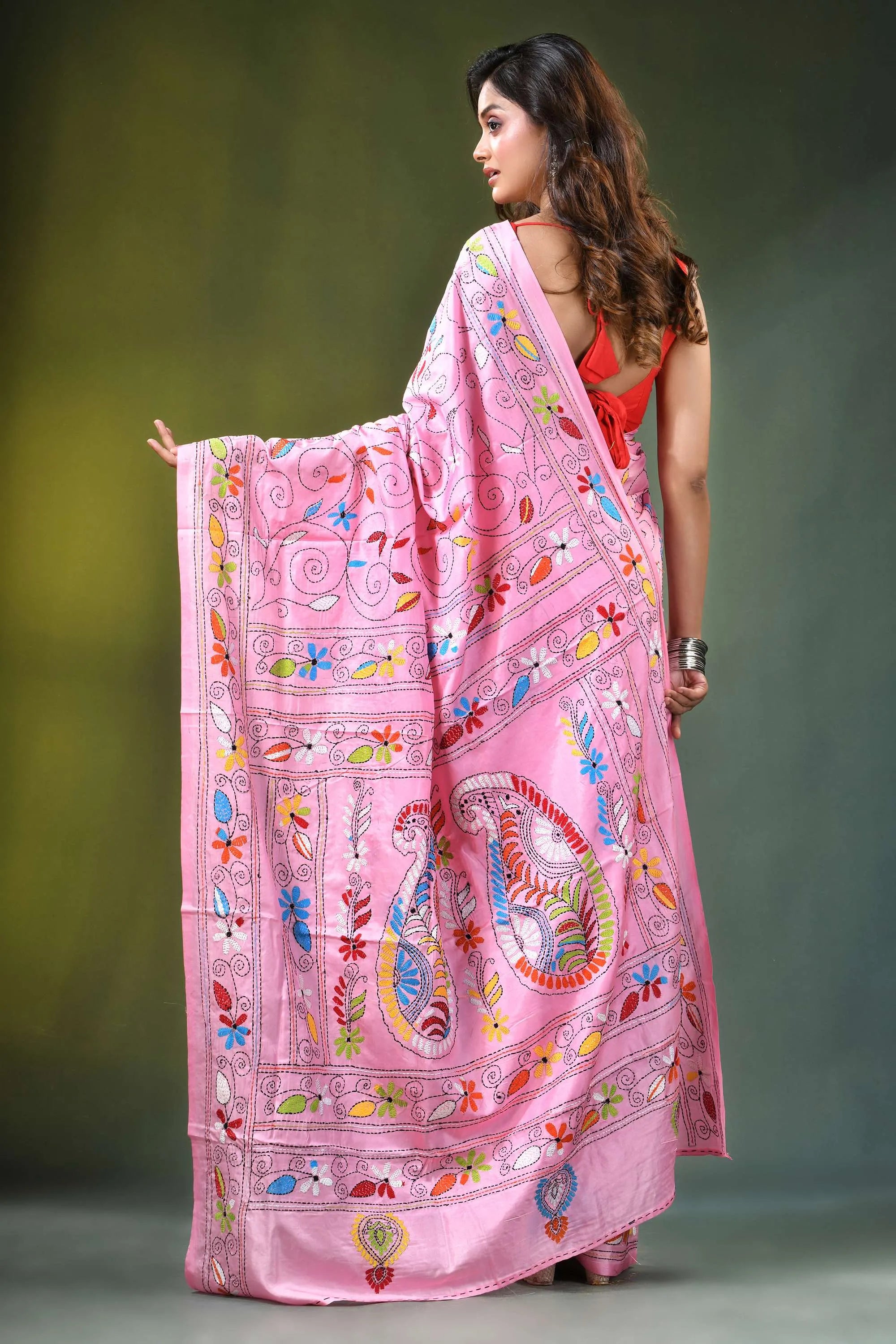 Baby pink paisley motif silk kantha saree - hand embroidered colorful floral 5