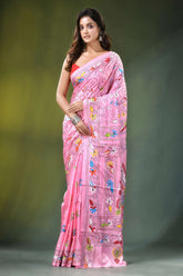 Baby pink paisley motif silk kantha saree - hand embroidered vibrant adorned colorful 1