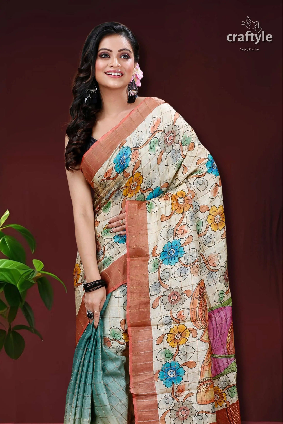 Bal ganesha painted zari pure tussar kalamkari design sari floral-patterned saree copper border 2