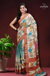 Bal ganesha painted zari pure tussar kalamkari design sari floral-patterned saree copper border 1
