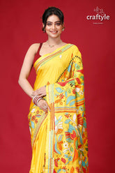 Banana Yellow Bird Motif Kantha Embroidery Silk Sari-Craftyle