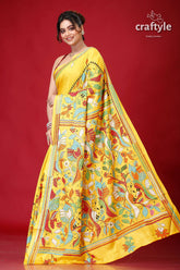 Banana Yellow Bird Motif Kantha Embroidery Silk Sari-Craftyle