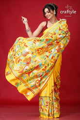Banana Yellow Bird Motif Kantha Embroidery Silk Sari-Craftyle