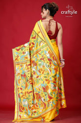 Banana Yellow Bird Motif Kantha Embroidery Silk Sari-Craftyle