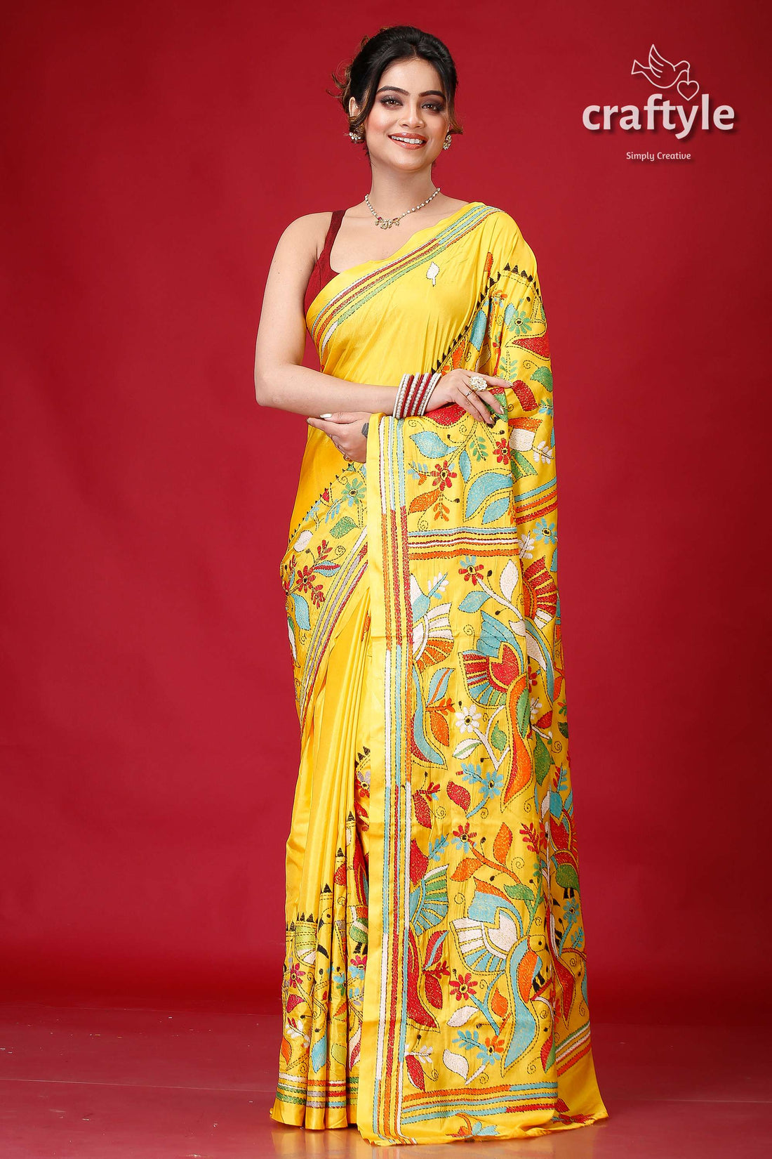 Banana Yellow Bird Motif Kantha Embroidery Silk Sari-Craftyle