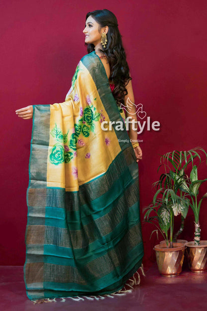 Banana Yellow Hand Painted Pure Tussar Saree with Blouse Piece - Craftyle