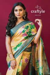 Banana Yellow Hand Painted Pure Tussar Saree with Blouse Piece - Craftyle