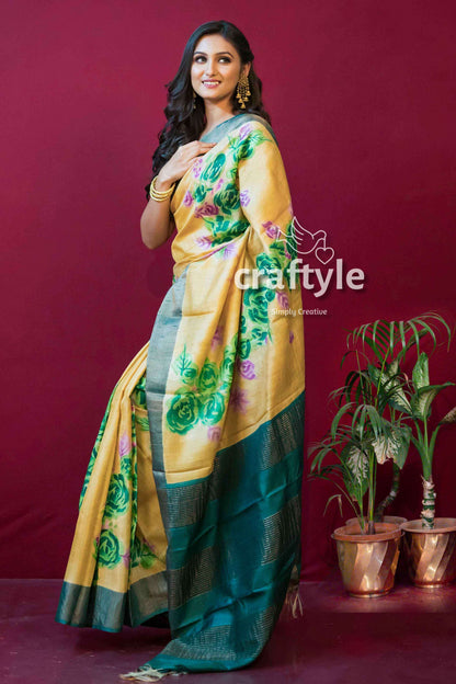 Banana Yellow Hand Painted Pure Tussar Saree with Blouse Piece - Craftyle