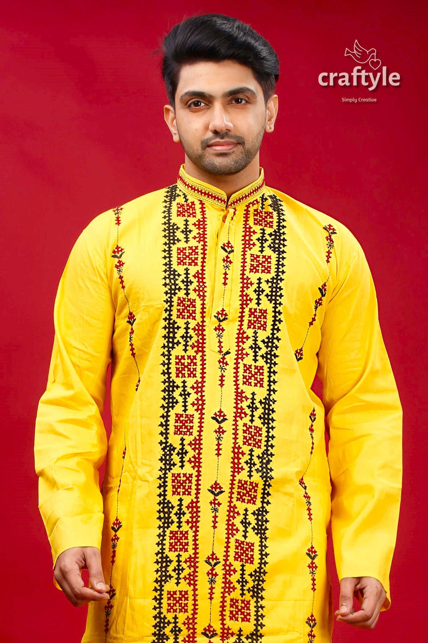 Banana Yellow Kutch Work Ethnic Cotton Kurta for Men - Craftyle