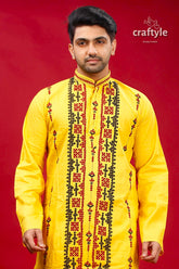 Banana Yellow Kutch Work Ethnic Cotton Kurta for Men - Craftyle