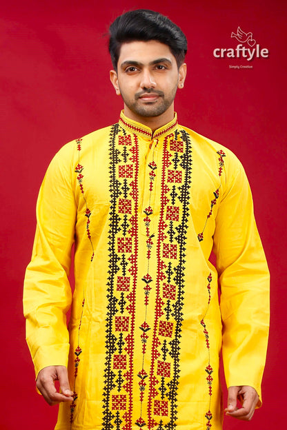 Banana Yellow Kutch Work Ethnic Cotton Kurta for Men - Craftyle