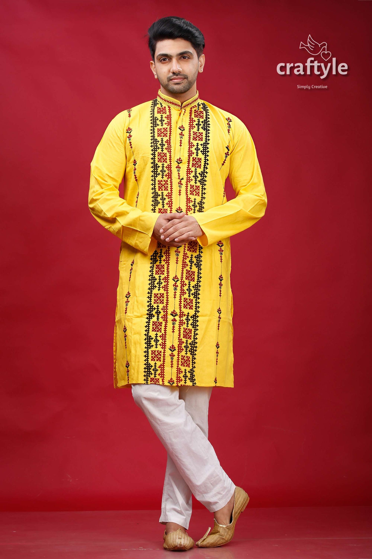 Banana Yellow Kutch Work Ethnic Cotton Kurta for Men - Craftyle